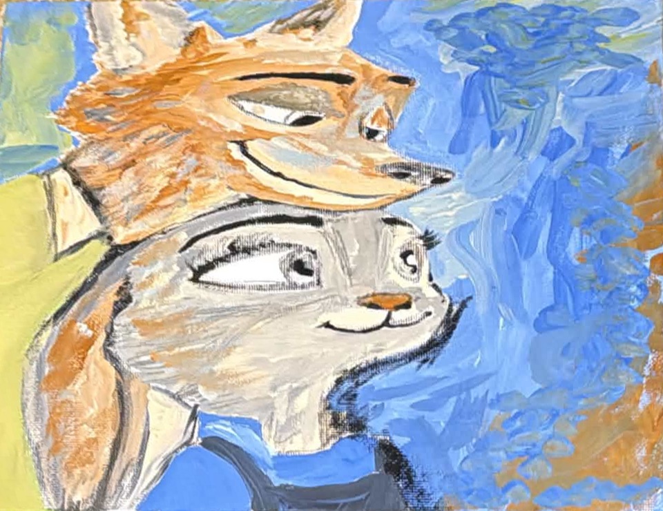 Original painting by Sohan Vyaparee, showing two expressive animal characters against a blue background