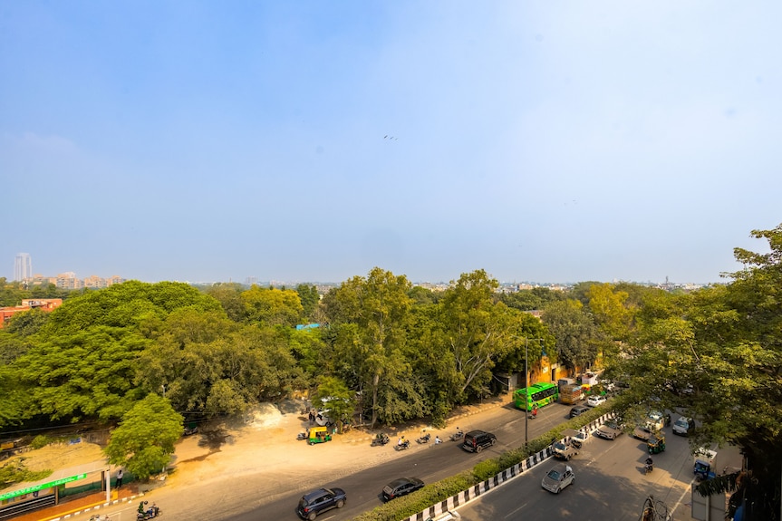 A busy, tree-lined South Delhi street in daylight